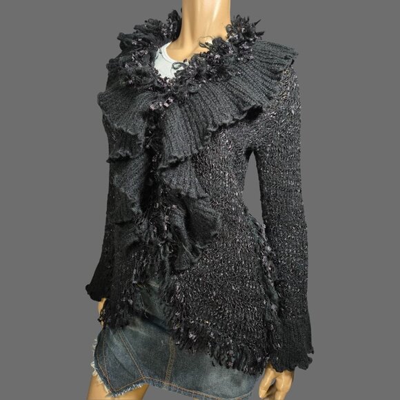 Y2K Black Shaggy Ruffled Cardigan Size S Boho Gothic Fairy Grunge Whimsigoth - Picture 1 of 14